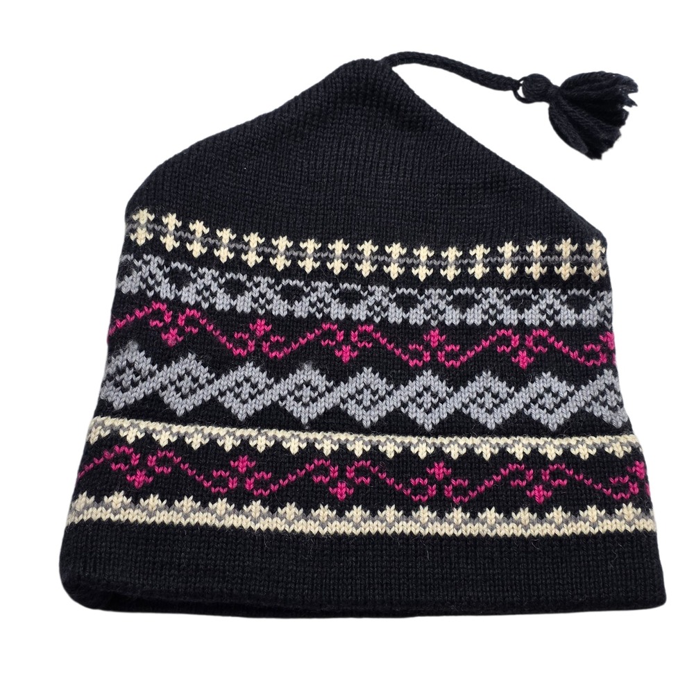 VTG‎ Vermont Originals Wool Beanie Womens Black Knitted Paisley Peruvian Fringe